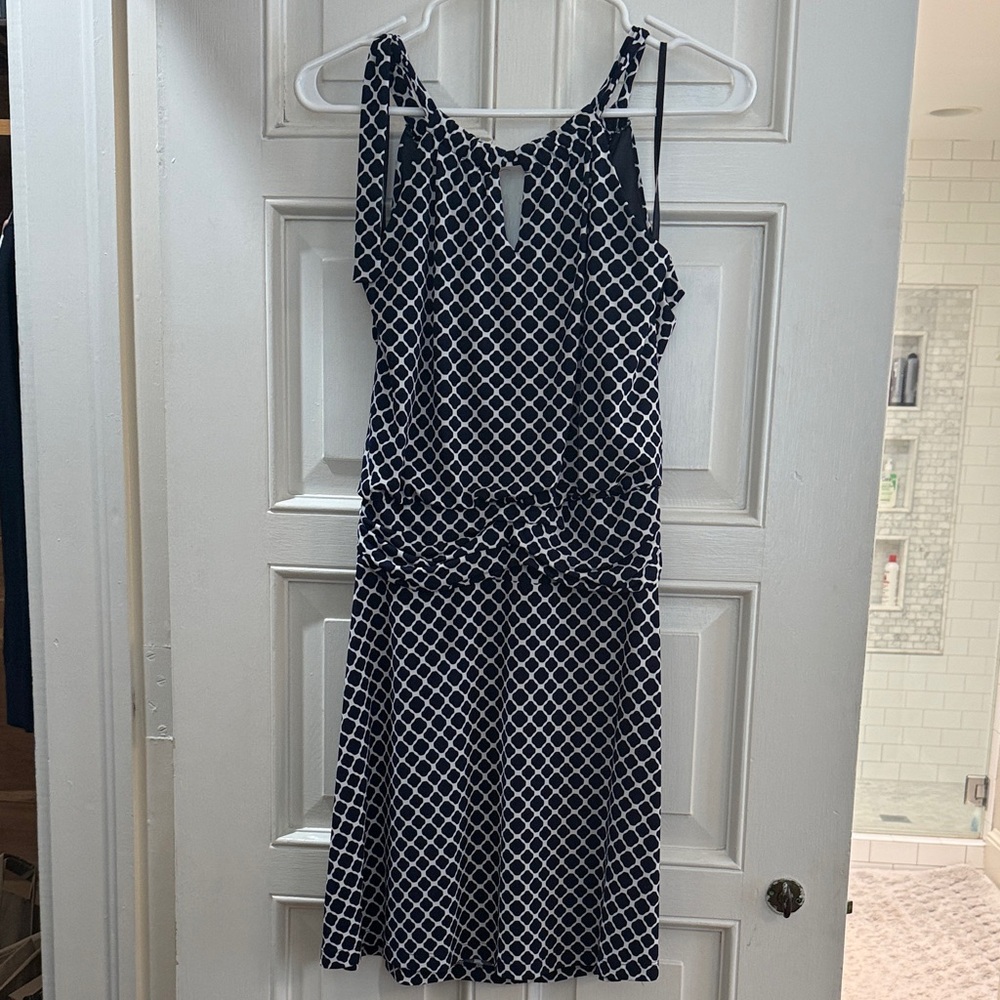 Valerie Bertinelli Navy & White Geometric Tie-Shoulder Midi Dress